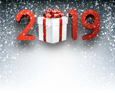 Grey 2019 New Year background with red numbers, gift box and snow. Greeting card or decoration. Vector 3d illustration.のイラスト素材