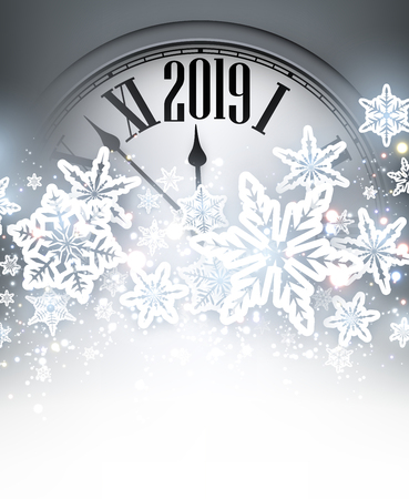 Grey shiny 2019 New Year background with silver clock and snowflakes. Beautiful Christmas greeting card. Vector illustration.のイラスト素材