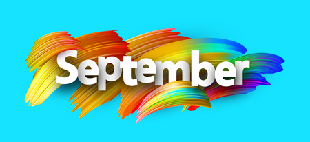 Blue september banner with spectrum brush strokes on white background. Colorful gradient brush design. Vector paper illustration.のイラスト素材
