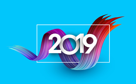 Blue 2019 new year background with white frame and spectrum brush stroke. Colorful gradient brush design. Greeting card or poster template. Vector illustration.のイラスト素材