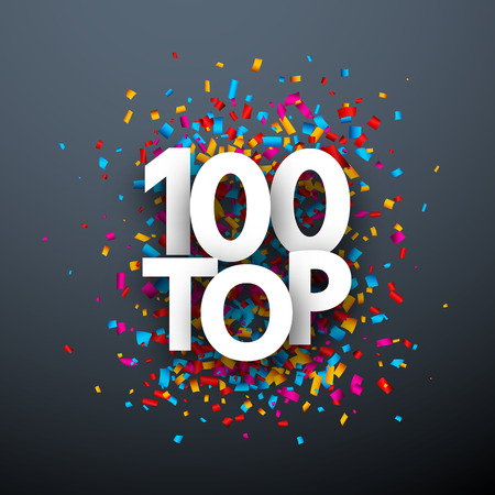 Top 100 poster with colorful paper confetti. Rating or hit-parade sign. Vector background.のイラスト素材