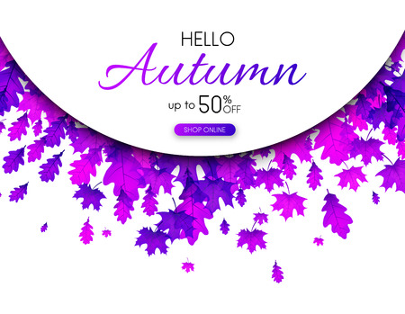 Autumn 50% sale. Promotion poster with purple leaves. Shop online. Vector background.のイラスト素材