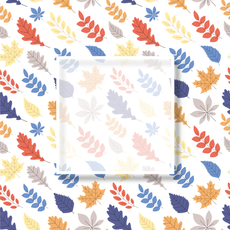 Autumn background with white square transparent frame and colorful leaves. Vector Ñard, cover or poster template.のイラスト素材