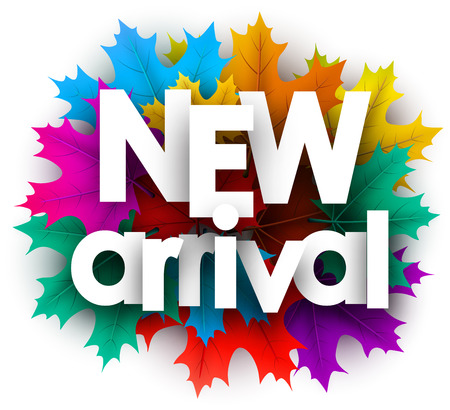 New arrival card. Promo poster with colorful maple leaves for shop. Vector background.のイラスト素材