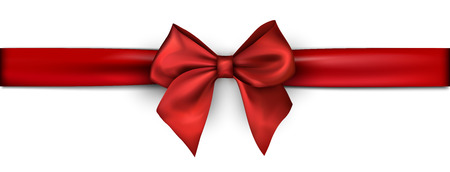 White banner with red satin ribbon with bow. Festive decoration. Vector background.のイラスト素材