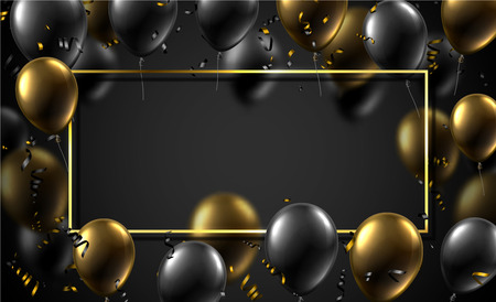 Festive poster with rectangular frame, black and golden shiny balloons and serpentine. Holiday design. Vector background.のイラスト素材