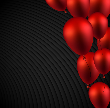 Black textured poster with red shiny balloons. Holiday design. Vector background.のイラスト素材