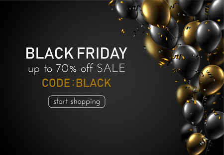 Black friday sale promotion poster with golden and black shiny balloons and serpentine. Special price, code black. Vector background.のイラスト素材