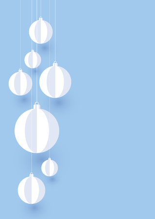 Blue Christmas or New Year card with white paper decorative Christmas balls. Festive vector background.のイラスト素材