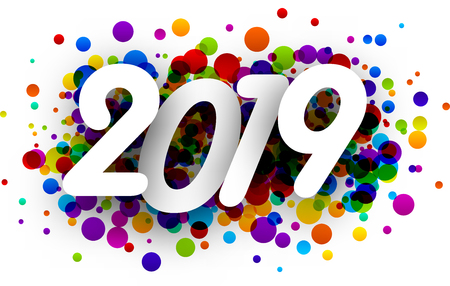 2019 new year sign with colorful paint drops on white background. Vector paper illustration.のイラスト素材
