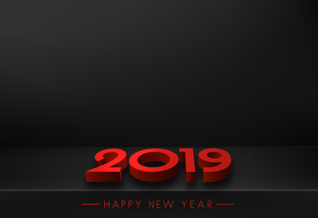 Black 2019 Happy New Year backdrop with red 3d figures. Vector background.のイラスト素材
