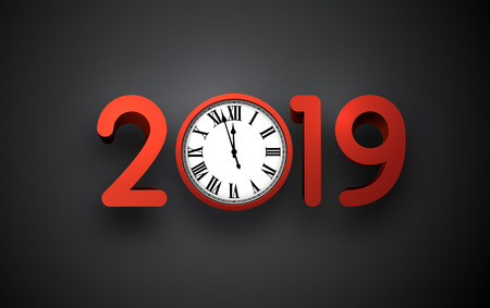 Grey 2019 New Year background with red numbers and white round clock. Greeting card or decoration....