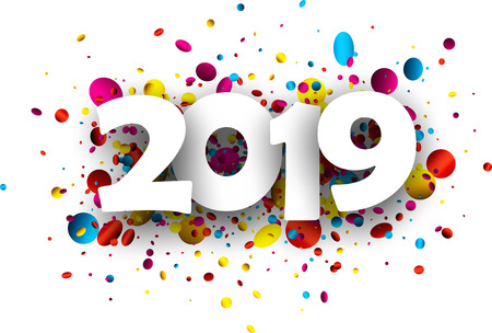 White 2019 new year background with colorful oval confetti. Vector paper illustration.のイラスト素材