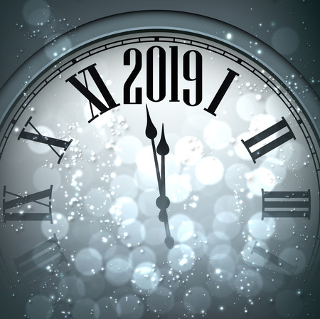 Grey shiny bokeh New Year 2019 card with silver clock. Vector background.のイラスト素材