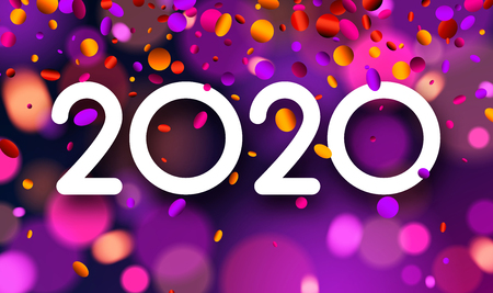 Bright blurred 2020 New Year card with colorful confetti. Vector background.