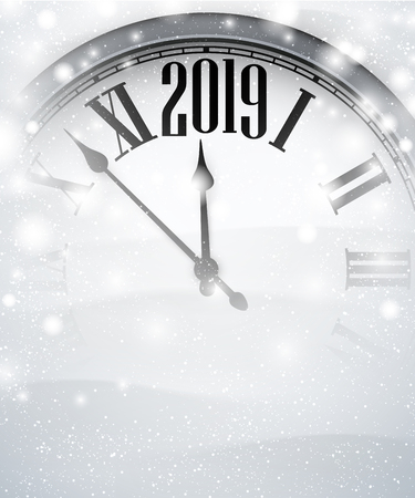 White blurred 2019 New Year background with grey clock and snow. Vector illustration.のイラスト素材