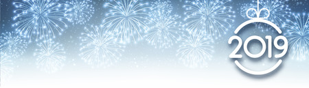Blue 2019 New Year banner with Christmas ball and fireworks. Vector background.