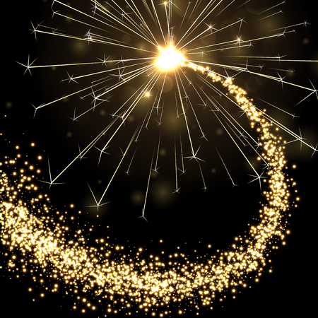 Golden sparkling petard or firework on black background. Festive decoration. Vector poster.のイラスト素材