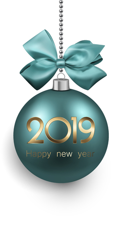 2019 New Year card with 3d green Christmas ball with beautiful satin bow isolated on white background. Greeting card or festive decoration. Vector illustration.のイラスト素材