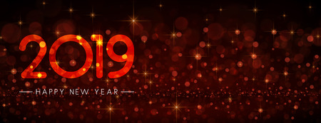 Red shiny 2019 Happy New Year banner. Vector background.のイラスト素材
