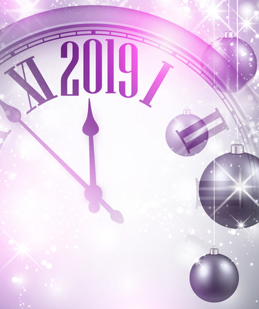 Pink shiny 2019 New Year background with clock and Christmas balls. Vector illustration.のイラスト素材