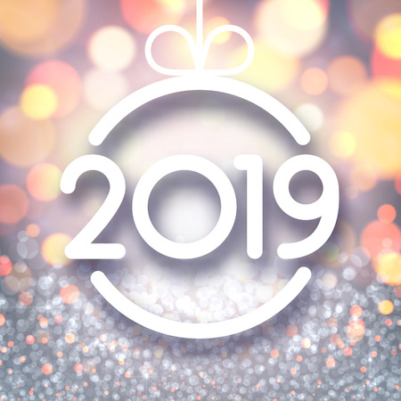 Abstract shiny 2019 New Year card with Christmas ball. Bokeh effect. Vector background.のイラスト素材