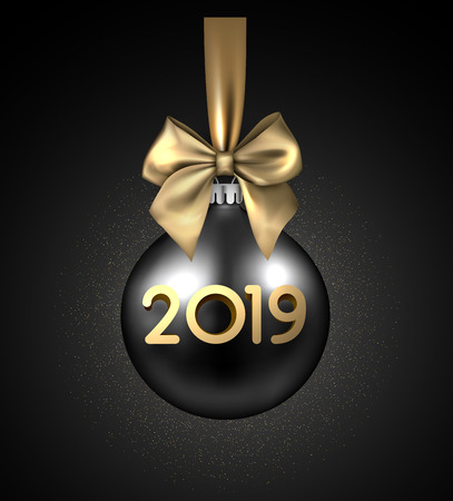 Black shiny 2019 New Year background with 3d Christmas ball and beautiful gold satin bow. Greeting card or festive decoration. Vector illustration.のイラスト素材
