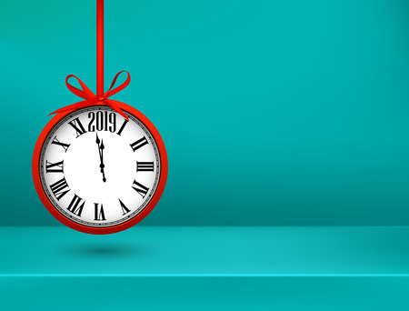 Green Happy New Year 2019 poster with round clock. Vector background.