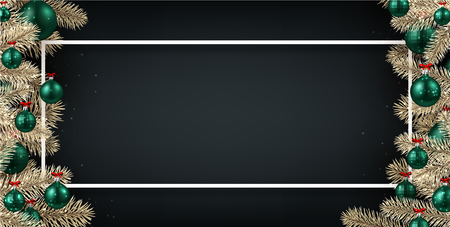 Black Merry Christmas and Happy New Year banner with white frame, fir branches and green Christmas balls. Vector background.のイラスト素材