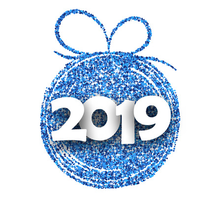 White 2019 New Year background with blue abstract stylized Christmas ball. Greeting card or festive poster template. Vector paper illustration.のイラスト素材