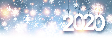 Blue shiny 2020 New Year poster with snowflakes. Vector background.