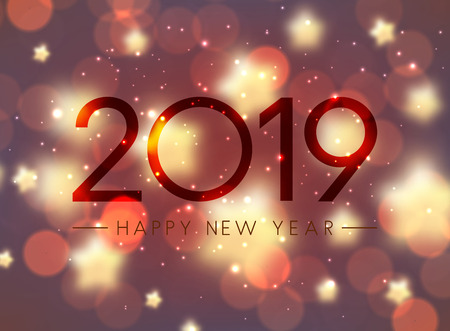Shiny bokeh Happy New Year 2019 greeting card. Vector background.のイラスト素材