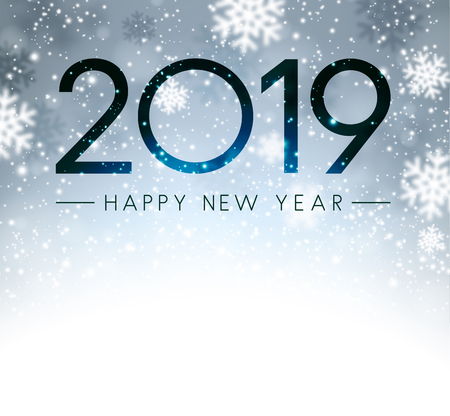Grey shiny Happy New Year 2019 card with snow. Vector background.のイラスト素材