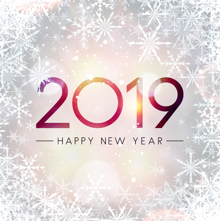 Shiny 2019 Happy New Year greeting card with beautiful snowflakes. Vector background.のイラスト素材