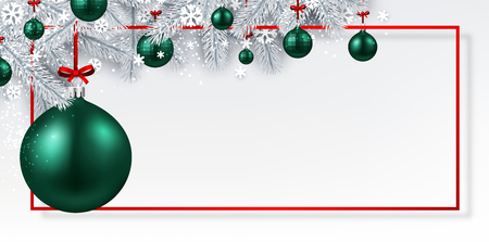 White Merry Christmas and Happy New Year banner with frame, fir branches, snow and green Christmas balls. Vector background.のイラスト素材