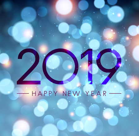 Blue shiny Happy New Year 2019 poster with bokeh backdrop. Vector background.のイラスト素材