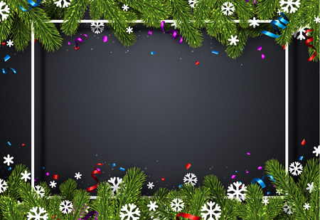 Grey Christmas and New Year festive poster with white frame, fir branches, snowflakes and colorful confetti. Vector background.のイラスト素材