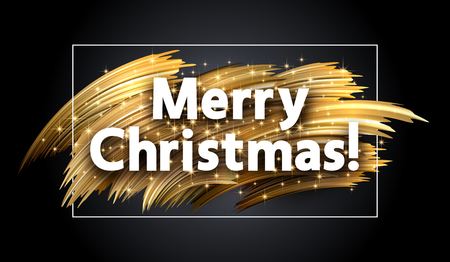 Merry Christmas shiny greeting card with golden brush strokes. Festive design. Vector background.のイラスト素材