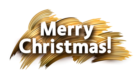 White Merry Christmas poster with golden brush strokes. Festive design. Vector background.のイラスト素材