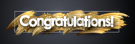 Congratulations shiny banner with golden brush stroke design on grey backdrop. Vector background.のイラスト素材