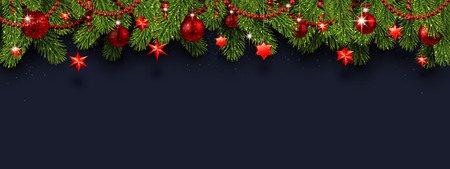 White Christmas and New Year banner with fir branches, red shiny Christmas balls and stars. Festive design. Vector background.のイラスト素材