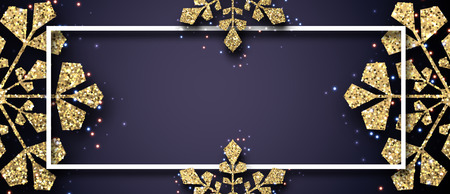 Christmas and New Year festive banner template with white frame and golden shiny snowflakes. Winter design. Vector background.
のイラスト素材