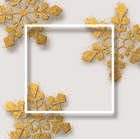 White Christmas and New Year festive card template with square frame and golden shiny snowflakes. Winter design. Vector background.
のイラスト素材