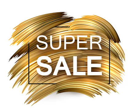 Super sale promo poster with golden brush stroke design on white. Vector background.のイラスト素材