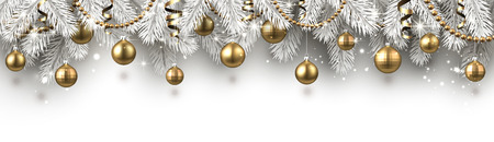 Christmas and New Year banner with white fir branches and gold shiny Christmas balls. Festive design. Vector background.のイラスト素材