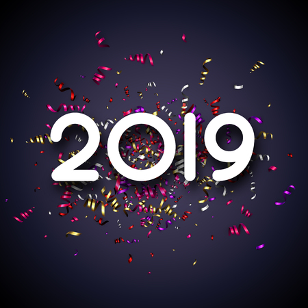 Grey Happy New Year 2019 card with colorful shiny paper confetti and serpentine. Festive decoration. Vector background.のイラスト素材