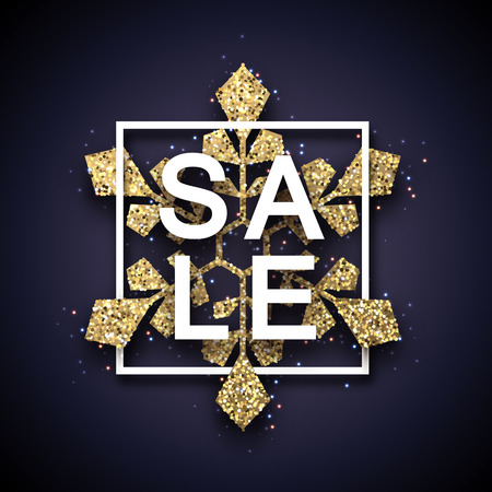 Winter or Christmas seasonal sale promo poster with golden shiny snowflake. Vector background.のイラスト素材