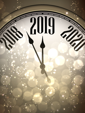 Golden shiny Happy New Year 2019 card with clock and lights. Bokeh effect. Vector background.のイラスト素材