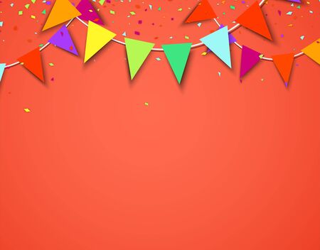 Celebrate living coral banner composed with party flags with round confetti. Vector illustration. のイラスト素材