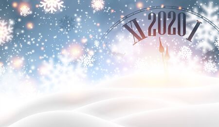 Christmas and New Year 2020 shiny card with clock and snow. Vector background.